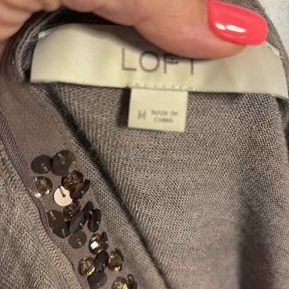 LOFT Taupe brown Cardigan with Sequin Trim wool blend lightweight button down M - Picture 9 of 13